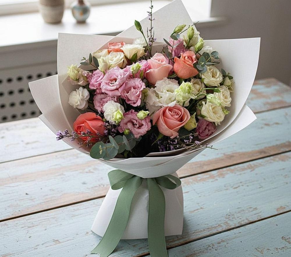 Букет цветов из: Розы, Лизиантусы и Гвоздики в Рогатой Балке