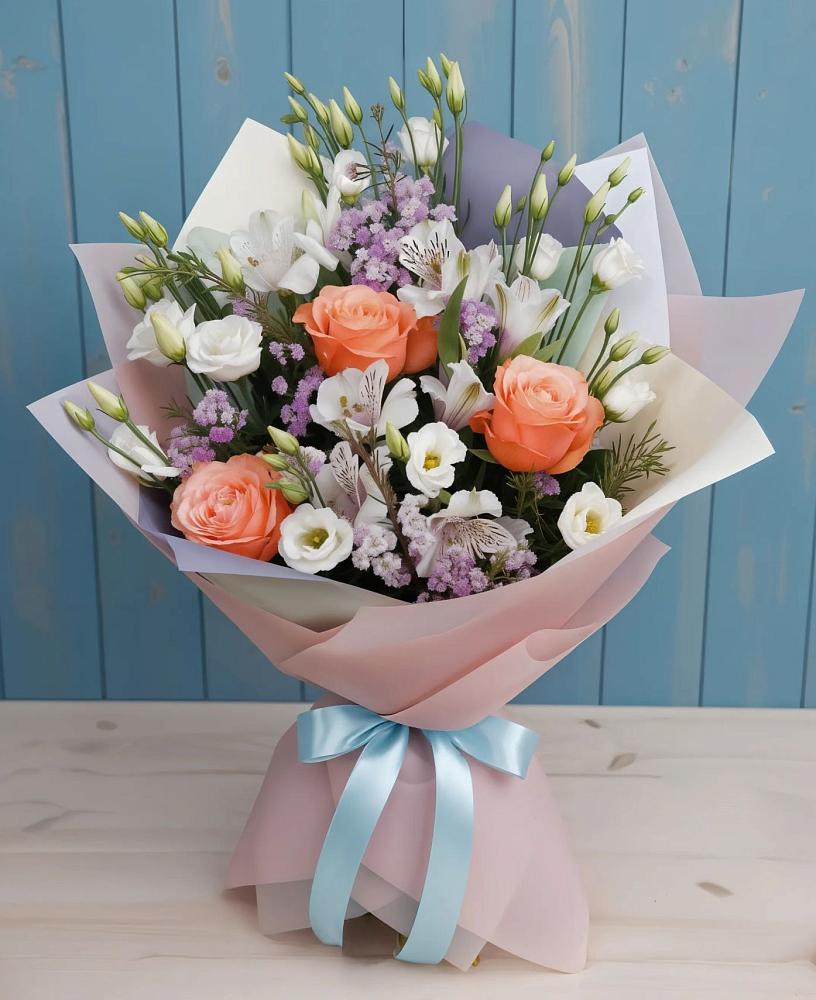 Букет цветов из: Лизиантусы, Розы, Альстромерии и Гипсофила в Рогатой Балке