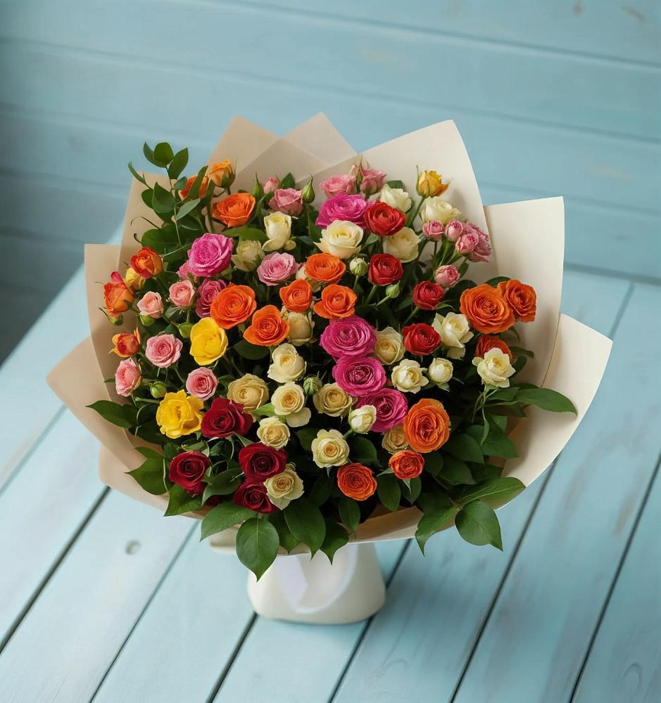 Букет Микс из разноцветных кустовых роз в Рогатой Балке