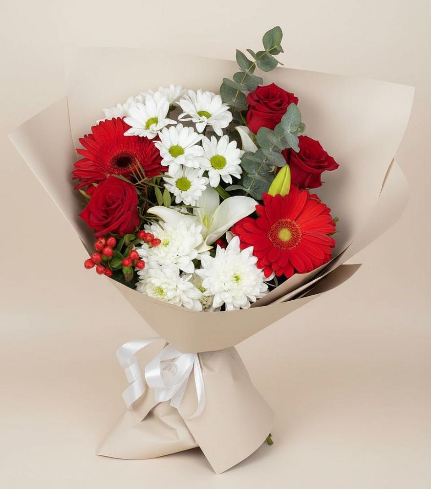 Букет цветов из: Розы, Хризантемы, Герберы и Лилии в Рогатой Балке