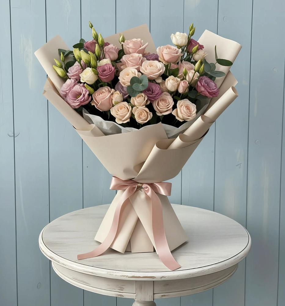 Букет цветов из: Розы и Лизиантусы в Рогатой Балке