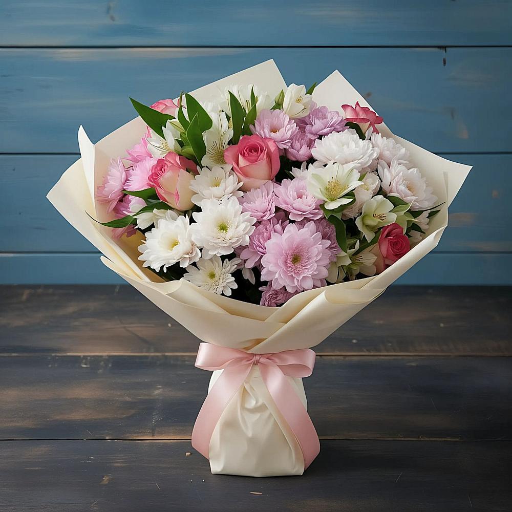 Букет цветов из: Хризантемы, Альстромерии и Розы в Рогатой Балке